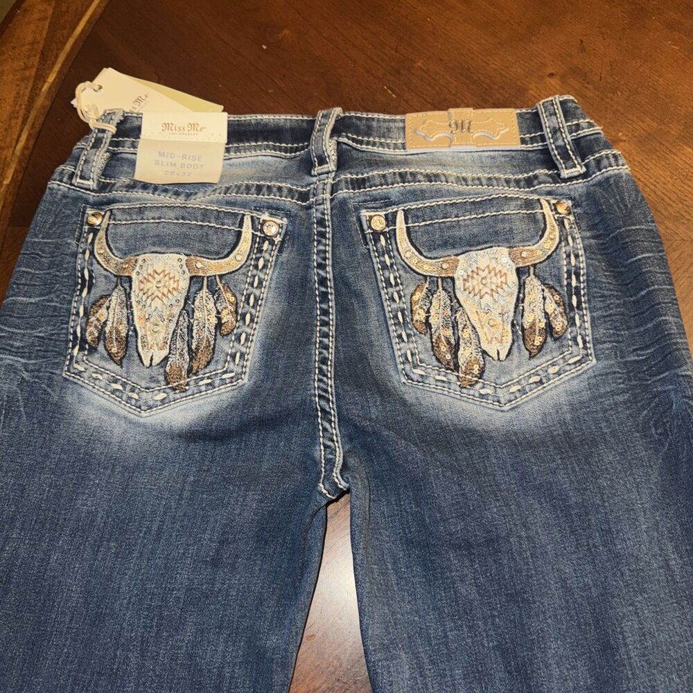 Miss Me Jeans,  Slim Boot Women's Size 29 Blue, Denim, Gems Back Pocket, Flared